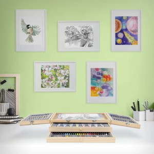 ECD Germany Malkoffer, 85-teilig, mit Malfarben, Stiften und 3 Zeichenblöcken im Holzkoffer.