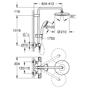 Technische Zeichnung: Grohe BauClassic 210 Duschsystem mit Thermostat, Maße und Details.