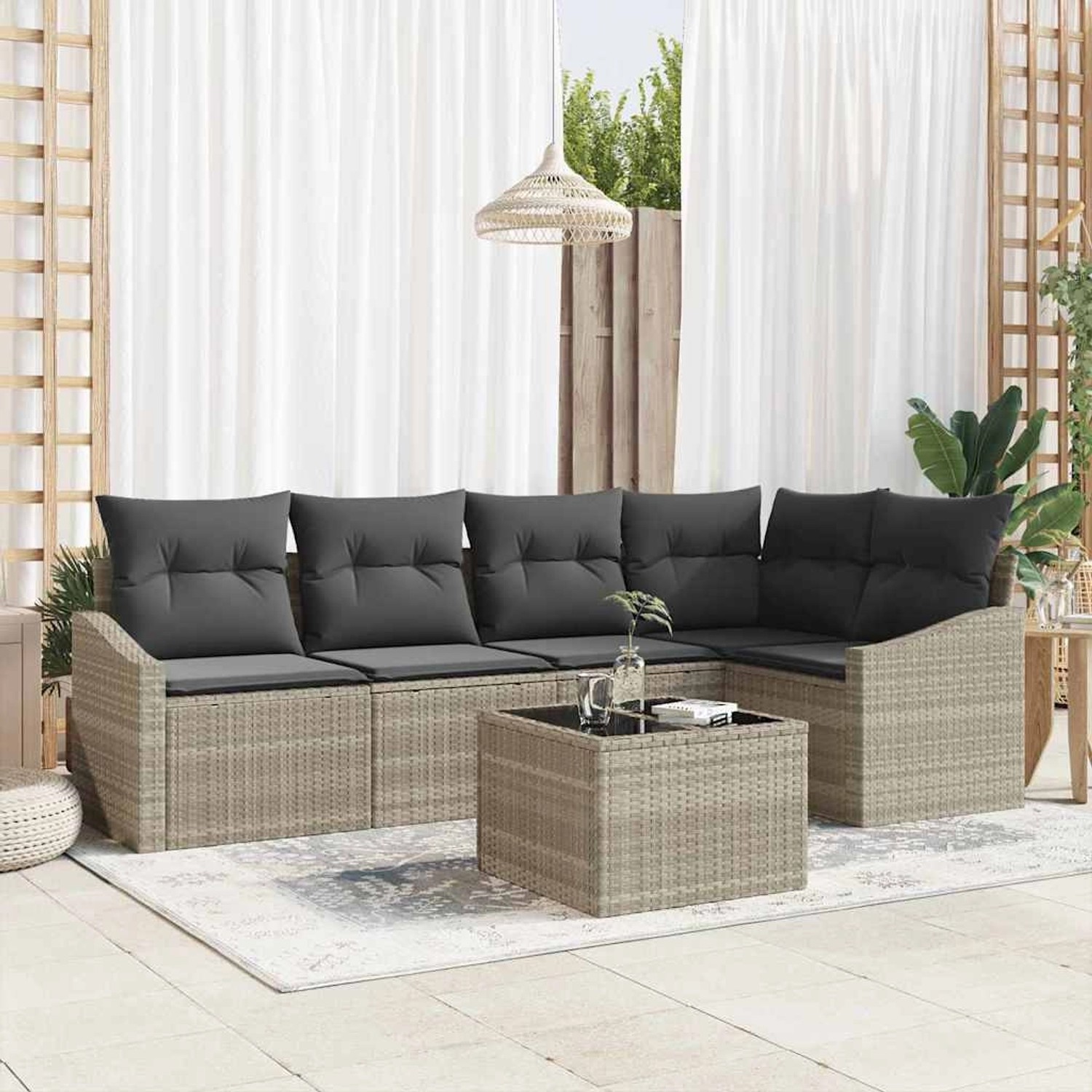 Hellgraues 6-teiliges Garten-Sofa-Set aus Polyrattan mit Tisch.