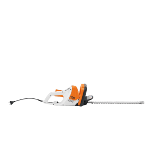 Stihl Elektro-Heckenschere HSE 42 in Weiß-Orange mit langem Schneidmesser und Kabel für präzises Heckenschneiden.