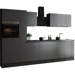 Moderne Respekta Küchenzeile Oliver 310 cm in Grau mit E-Geräten und Spüle.