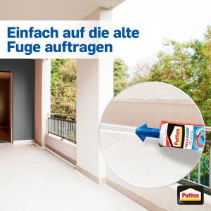 Pattex Sanitärsilikon Neue Fuge mit Smart Nozzle in Weiß, Anwendung auf Fuge im Außenbereich.