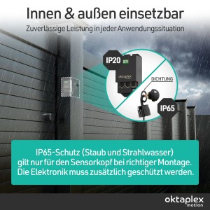 Oktaplex Jana Einbau Bewegungsmelder: Schwarzer IP65 Sensor außen im Regen, IP20 Elektronikbox. Für Innen- & Außenbereich.