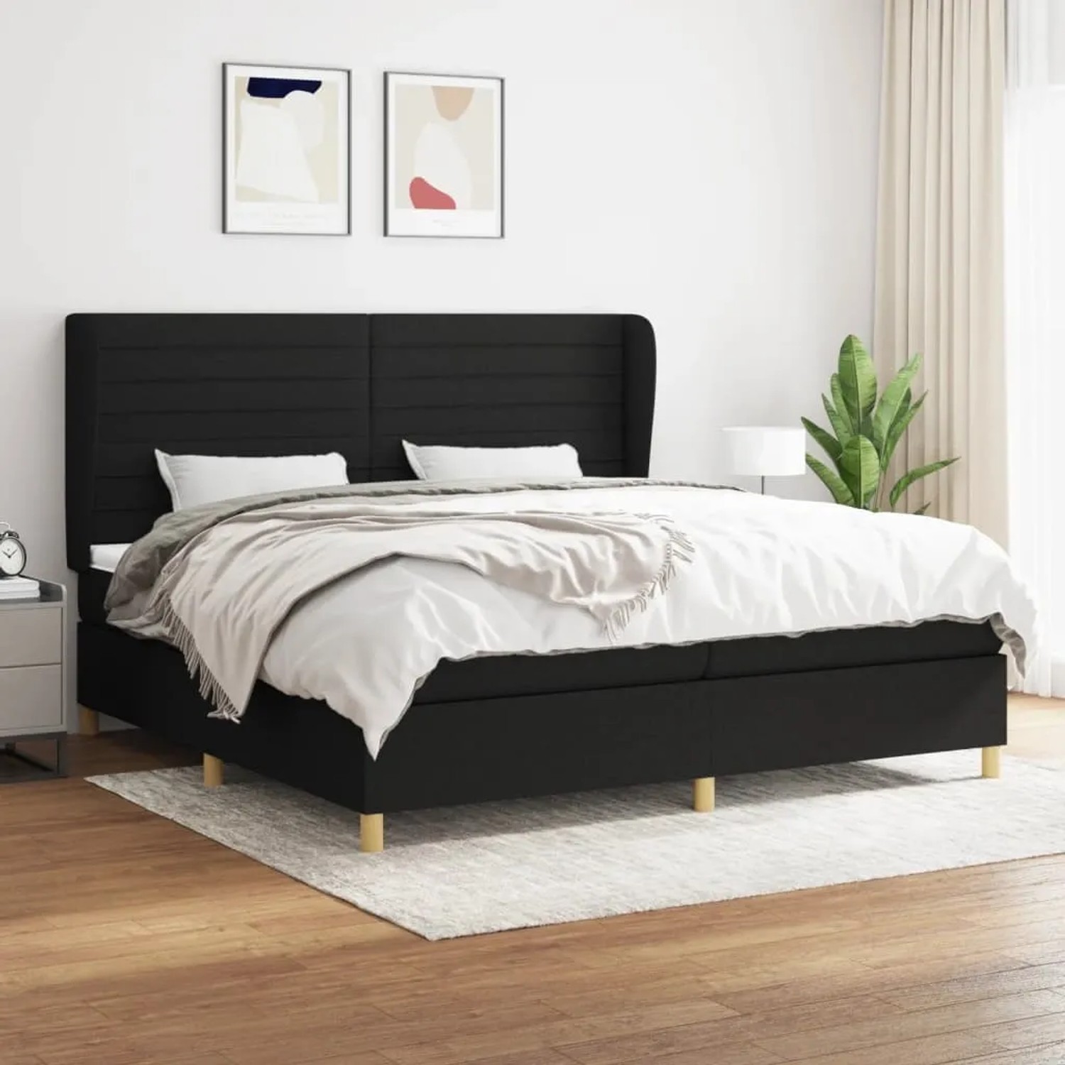Schwarzes vidaXL Boxspringbett (200x200 cm) mit Matratze und hohem Kopfteil.