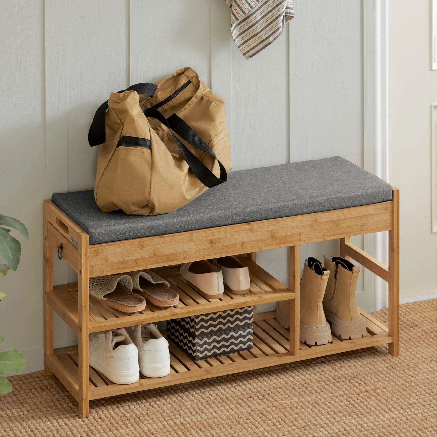 SoBuy Schuhbank mit Sitzfläche und Schubladen Sitzbank Natur Bambus FSR47-N_4