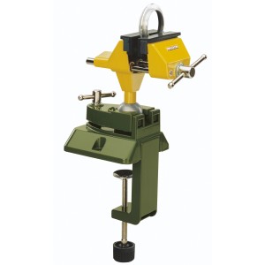 Proxxon Feinmechanikerschraubstock mit Zwinge, gelb/grün, für präzise Arbeiten.