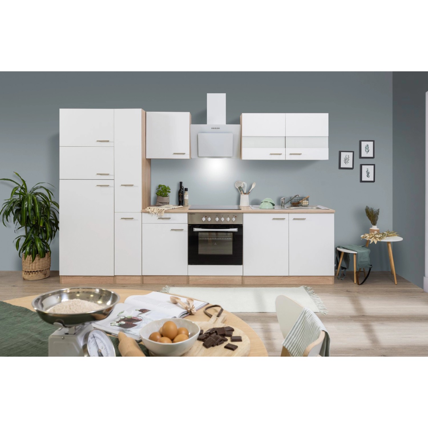 Respekta Küchenzeile/Küchenblock KB300ESWCGKE 300 cm Weiß-Eiche Sägerau Nachbildung