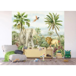 Sanders & Sanders Fototapete Dschungeltiere Grün, 3x2,7m. Elefant, Löwe, Papagei und Palmen im Kinderzimmer.