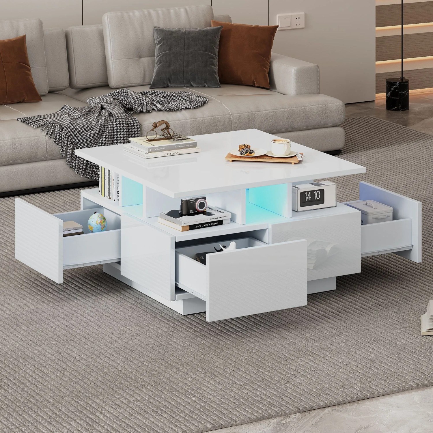Merax Couchtisch Hochglanz Mit LED 4 Schubladen Geometrisches Design Weiß