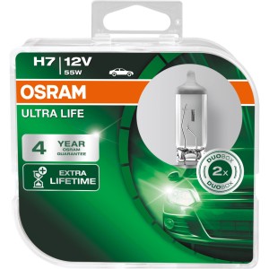 Osram Ultra Life H7 Duobox Autolampen im grünen Karton, langlebige Halogenlampen für PKW.