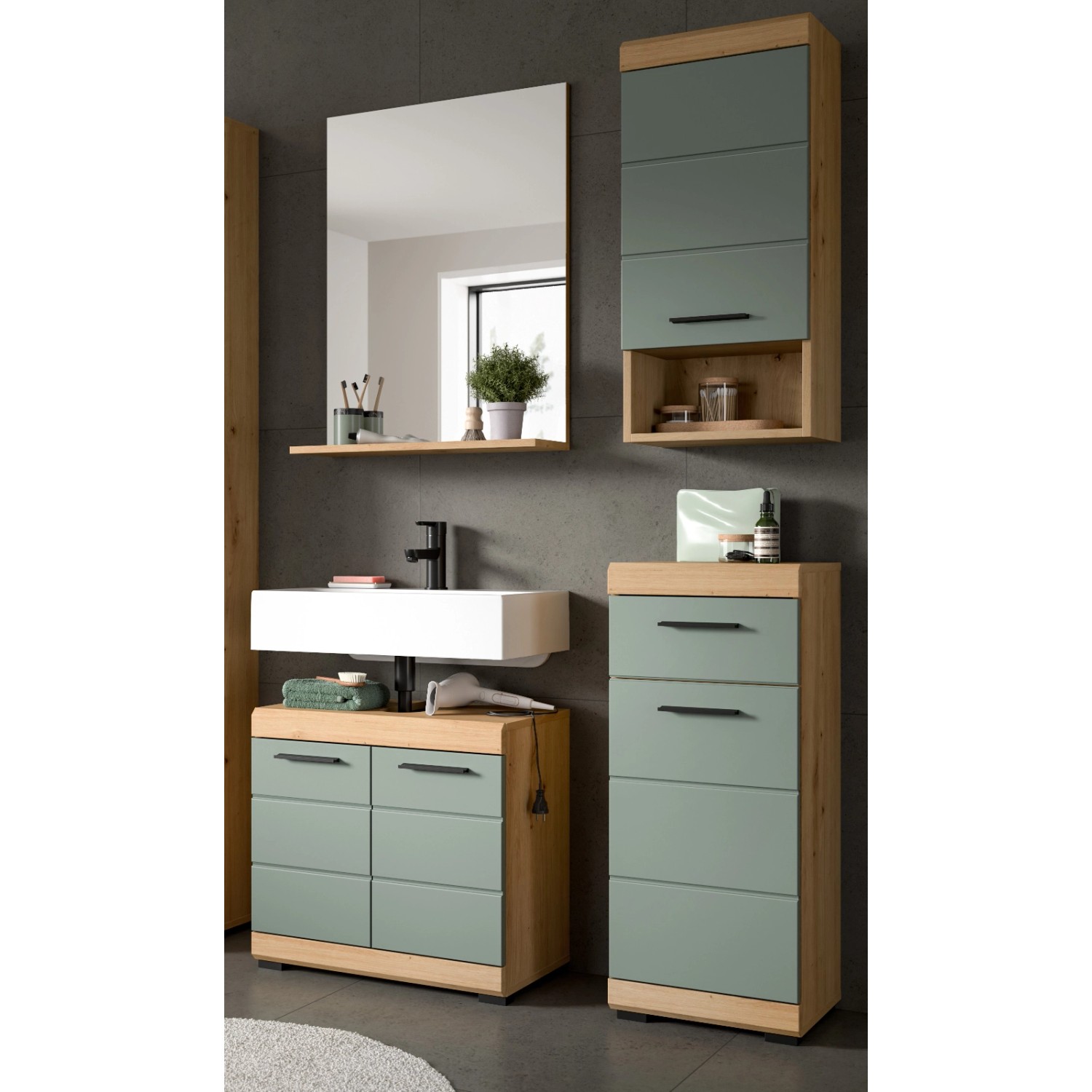 Inn.Furn Badmöbel Set 4-teilig in Grün und Eiche 112 cm mit Spiegel Shawn günstig online kaufen