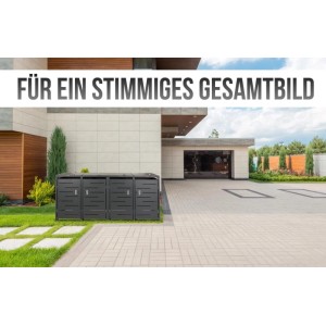 MCW 4er-Mülltonnenverkleidung aus anthrazitfarbenem Stahl im Garten vor modernem Haus. Ordnungssystem für Mülltonnen.
