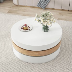 Runder, drehbarer Couchtisch mit 3 Ebenen in Weiß und Holzfarbe. Zylindrisches Design, versteckter Stauraum. Modern.