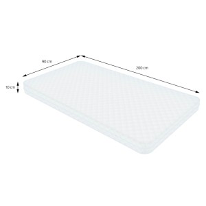 Weiße Kaltschaummatratze 90x200x10 cm für Kinderbett, gesteppt. Maße sichtbar.