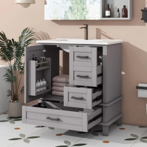 Grauer PXloue Badezimmerschrank mit Waschbecken, Schubladen und Türregal. Freistehend.