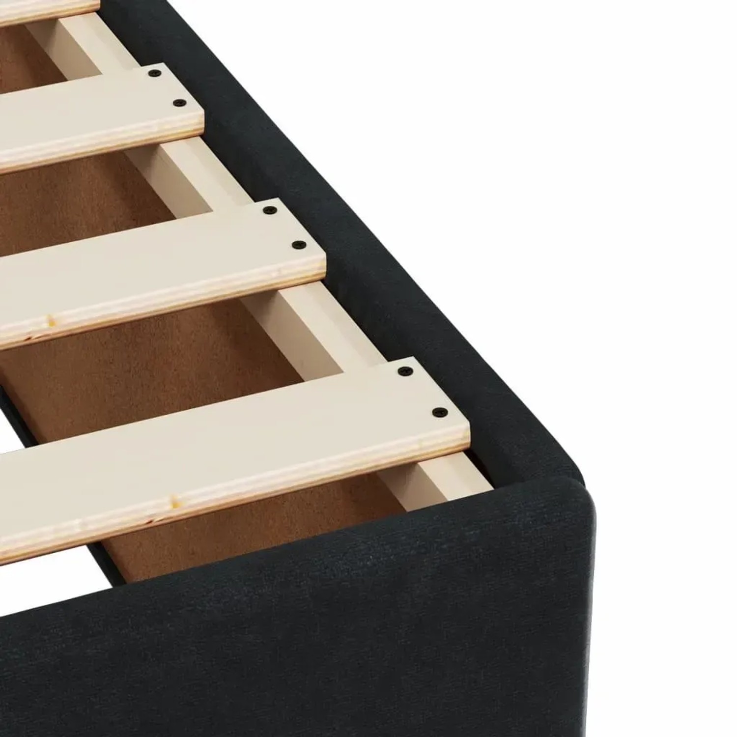 Detailansicht Boxspringbett: Schwarzer Samtbezug, Holzlattenrost. Bett für erholsamen Schlaf.