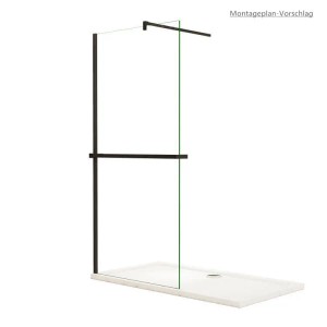 Schwarzes Duschregal und Handtuchhalter an transparenter Duschwand. Modernes Design für Walk-in Duschen im Badezimmer.