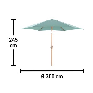 Marktschirm Camarillo, Ø 300 cm, salbeigrün, mit Kurbel und Maßangaben.