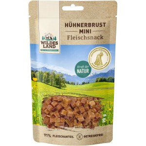 Wildes Land Katzen-Snack Hühnerbrust Mini, 70g Packung mit kleinen, hellbraunen Würfeln.