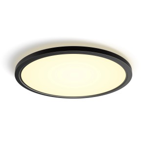 Runde, schwarze Philips Hue LED Deckenleuchte Tento White Ambiance XL mit warmweissem Licht.