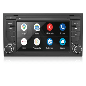 Schwarzes Junsun 7 Zoll Autoradio für Audi A3 mit Touchscreen, CarPlay, Android Auto und physischen Tasten.