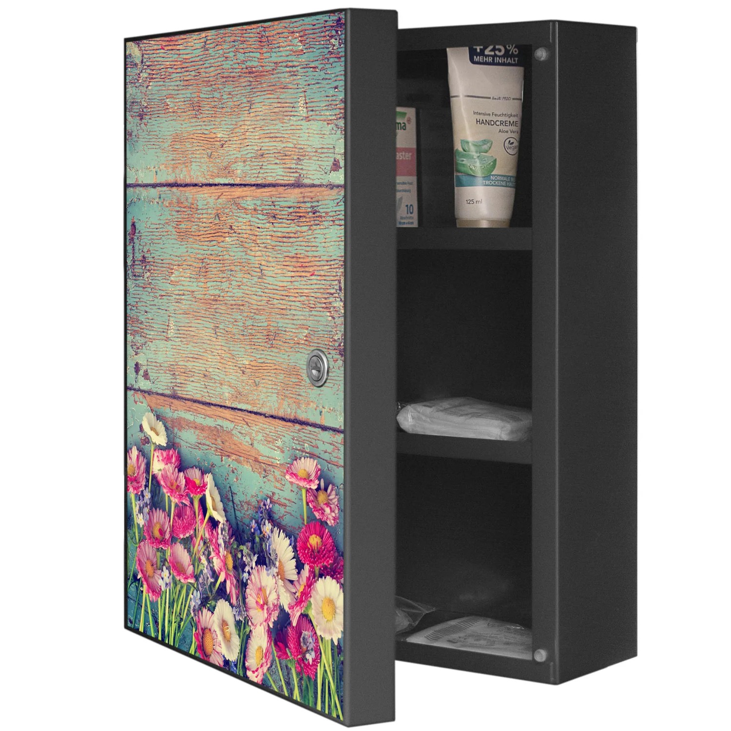 Banjado XXL Medizinschrank, abschließbar, anthrazit mit Blumenmotiv. Bad-Standregal für Ihre Hausapotheke.