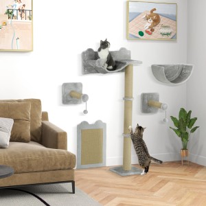 PawHut Katzen Kletterwand Set, hellgrau, mit Kratzbaum, Liegemulde und Kratzbrett. Katzen klettern.