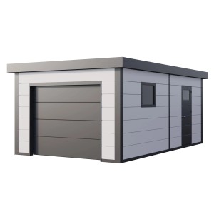 Weiße Fertiggarage 3663 mit Sektionaltor, Seitentür und Fenster. Maße: 358 x 628 cm.