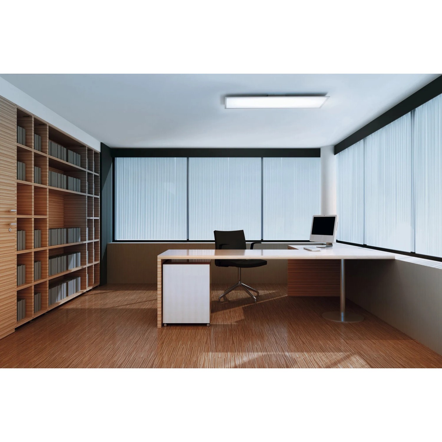 Moderne Büroeinrichtung mit Ledvance LED-Deckenleuchte Planon Plus, weiß, 100x25 cm.