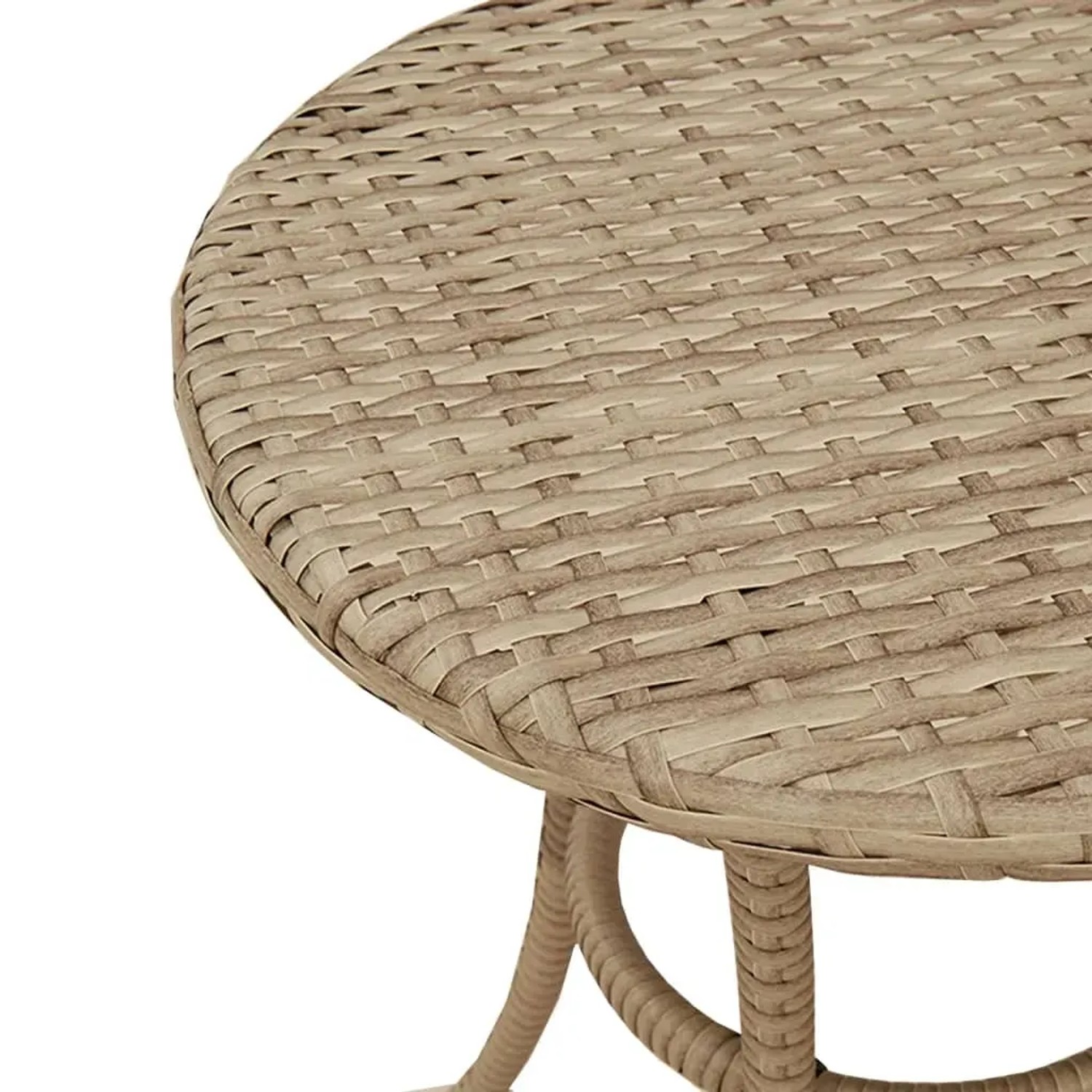Detailansicht: Runder Bistrotisch aus beigem Poly Rattan, Teil des vidaXL 3-tlg. Gartenmöbel Sets.