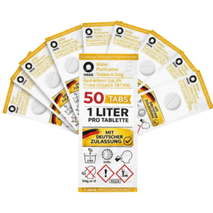 JUNG Oasis Wasseraufbereitungstabletten, 50 Stück, einzeln verpackt, für 1 Liter pro Tablette. Für Camping & Outdoor.