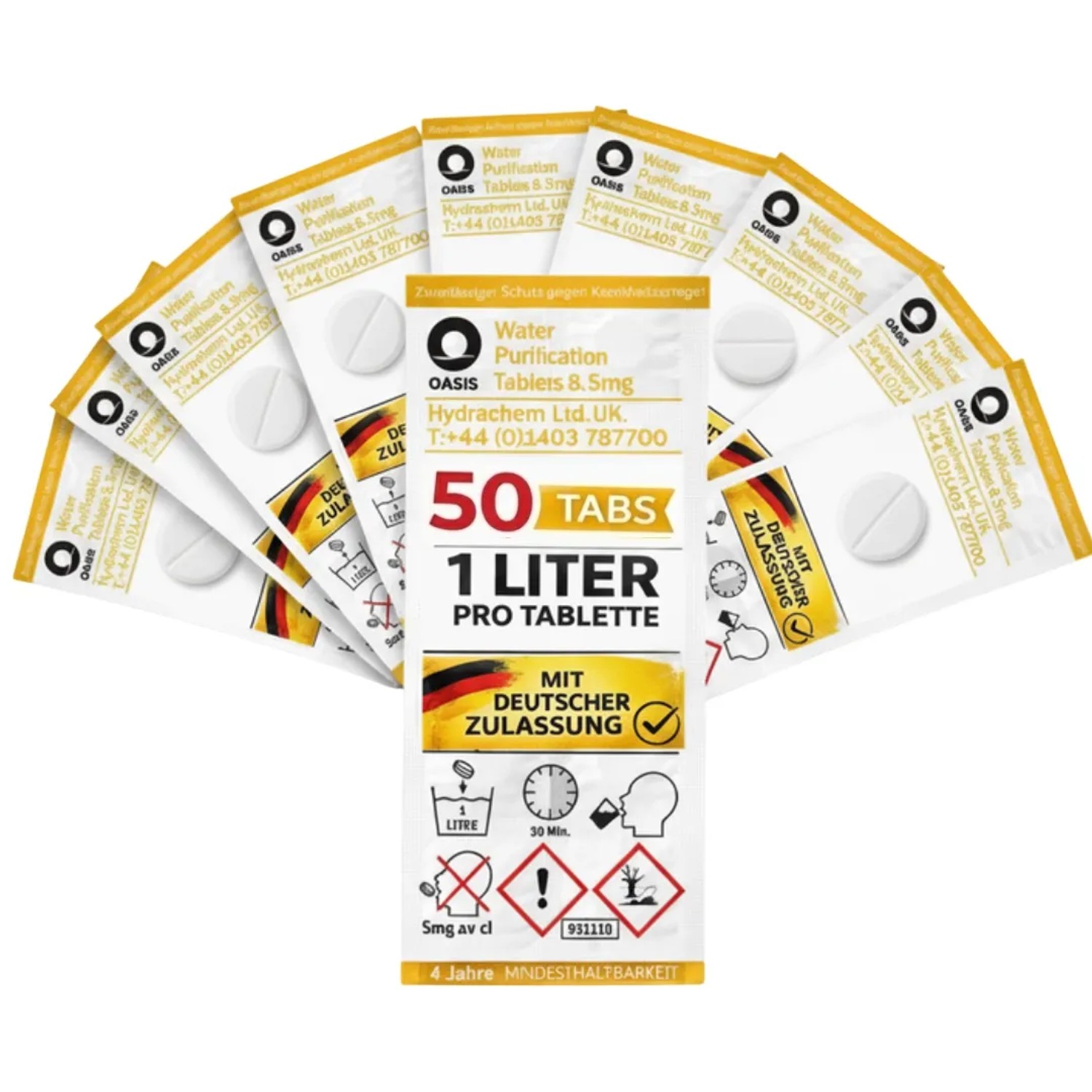 JUNG Oasis Wasseraufbereitung Tabletten 50x1L 8,5mg GE inkl. 10L Faltbarer Wasserkanister Camping Outdoor Trinkwasser Entkeimung Wasserfilter