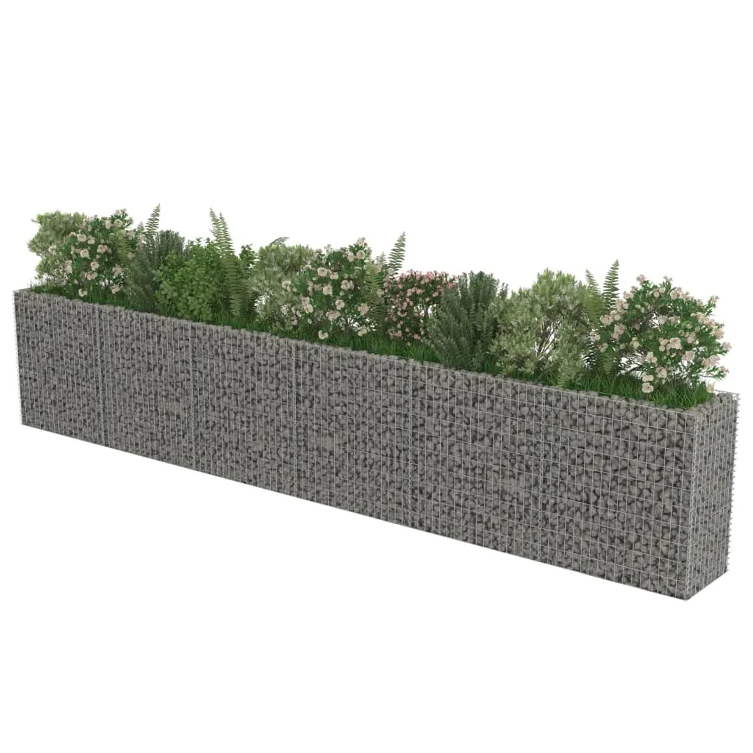 Langes, silbernes vidaXL Gabionen-Hochbeet aus Stahl, befüllt mit Pflanzen.