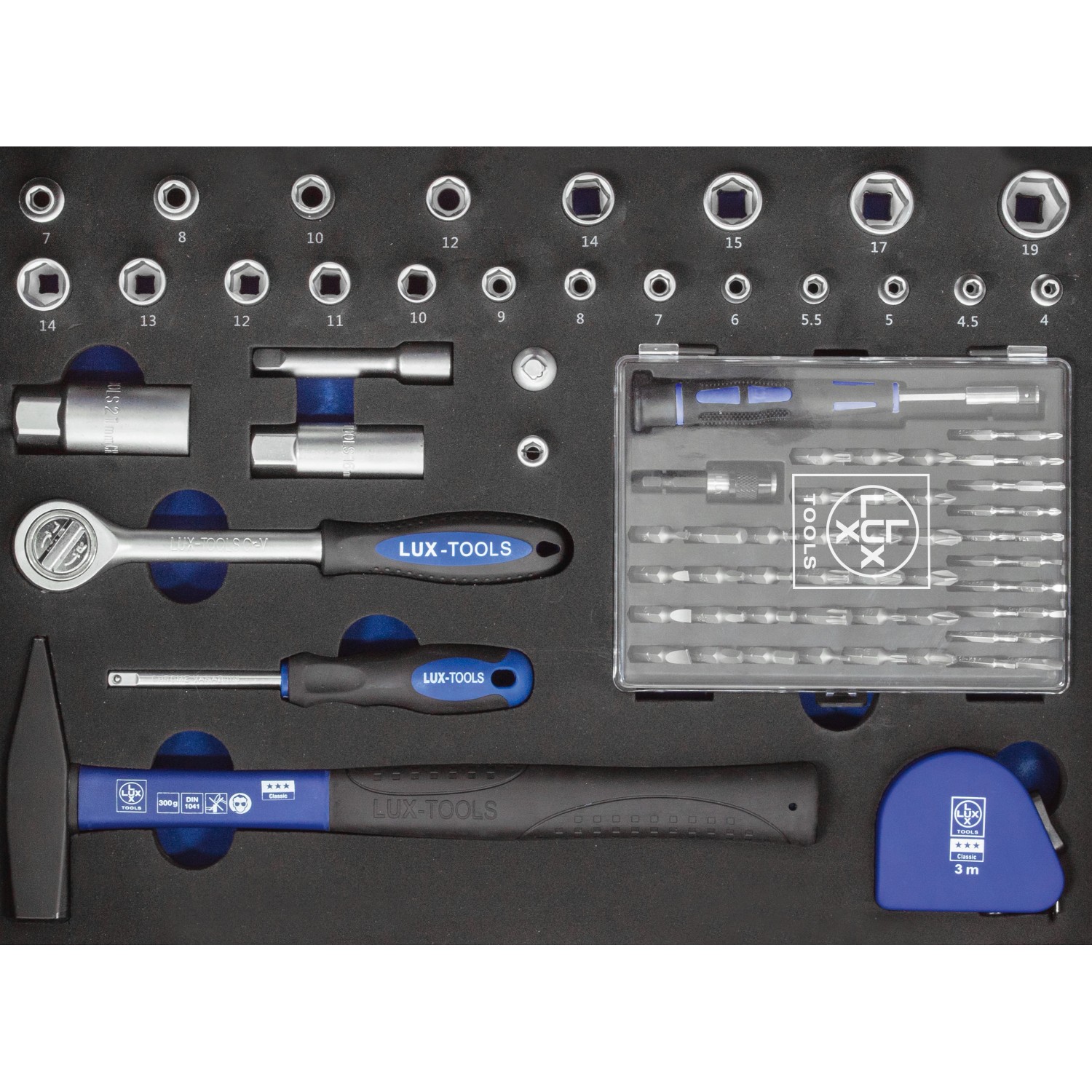LUX Werkzeugkoffer, 129-teilig, mit Hammer, Schraubendreher, Zangen, Steckschlüsseln und Bits.