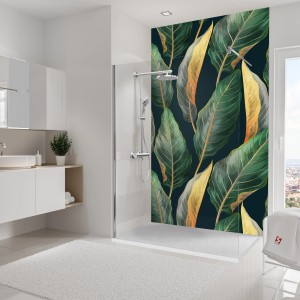 Schulte Duschrückwand DecoDesign Tropenblätter Gold, 255x150cm im Badezimmer.