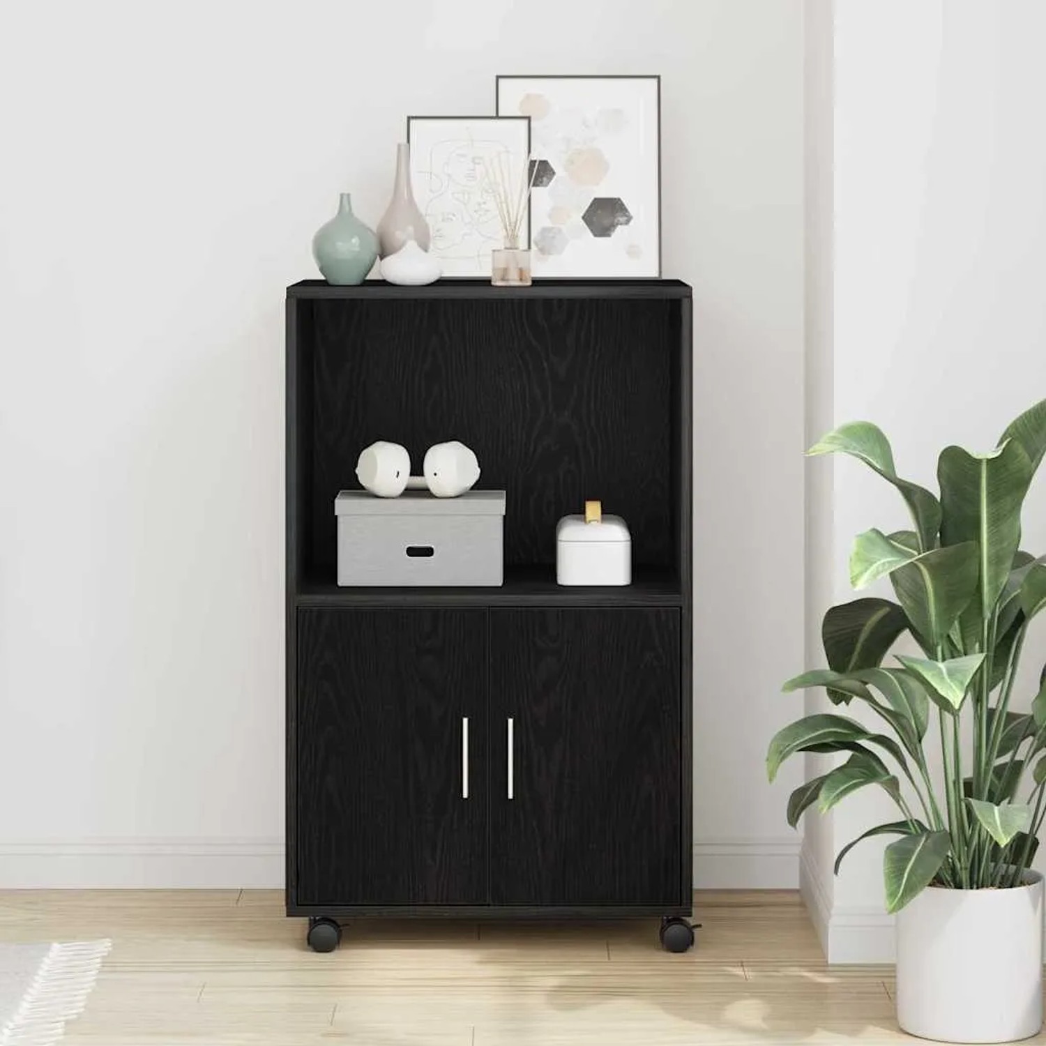 VidaXL Rollcontainer in Schwarz Eichen-Optik, fahrbarer Schrank mit zwei Türen und Regalfach.