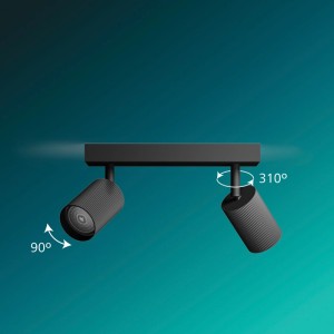 Schwarzer Philips LED-Spot Wyatt aus Aluminium, schwenkbar für Wand- & Deckenmontage. Neigung 90°, Drehung 310°.