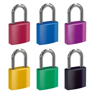 6er Set farbige Basi Vorhängeschlösser, gravurfähig, rot, schwarz, grün, blau, gelb, lila.