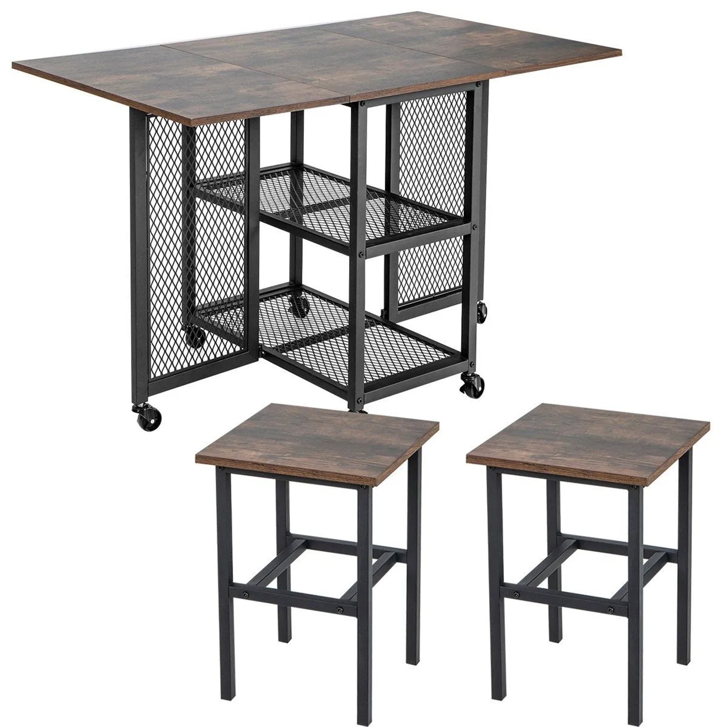 Costway Klappbarer Küchentisch Auf Rollen mit 2 Hockern & 2 Regalen günstig online kaufen