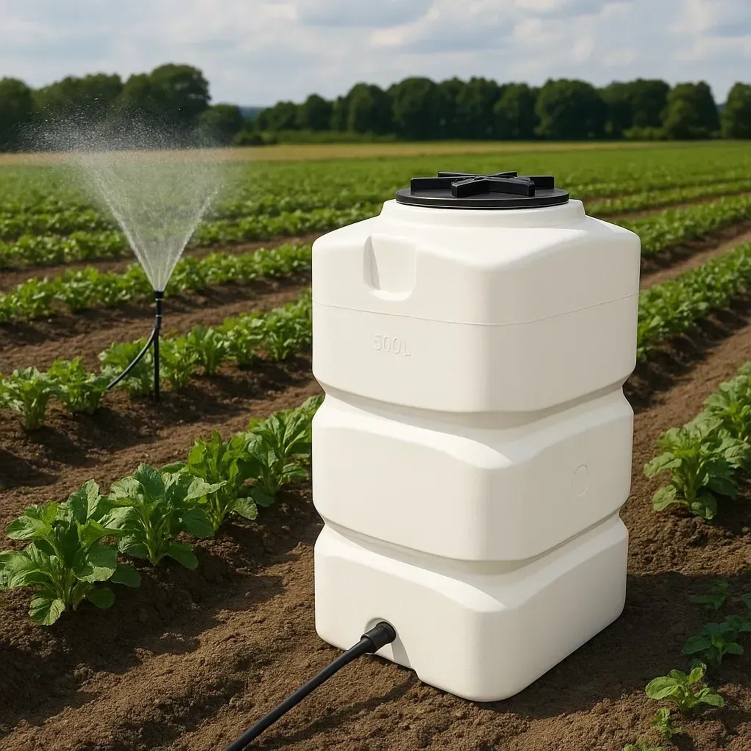 Weißer, quadratischer 500L Wassertank aus PE im Feld, verbunden mit Bewässerungssystem für Garten & Landwirtschaft.