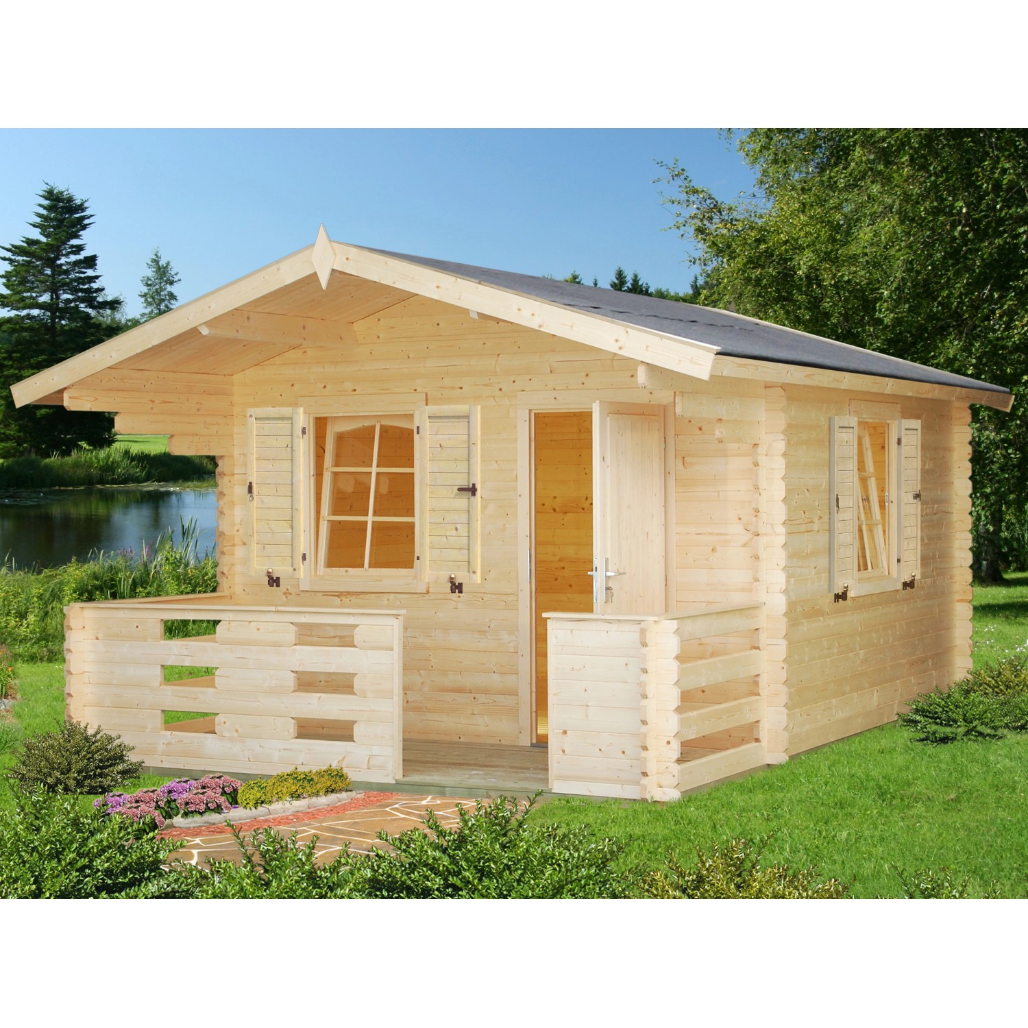 Palmako Emma Holz-Gartenhaus/Gerätehaus Natur Satteldach Tauchgrundiert 330 cm x 330 cm
