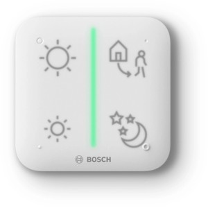 Bosch Smart Home Universalschalter II: Weißer Wandschalter mit vier Tasten und LED-Streifen.