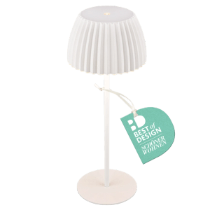 Weiße Brilo Akku-Tischleuchte Riffle mit Touchdimmer, ideal für Balkon und Terrasse.