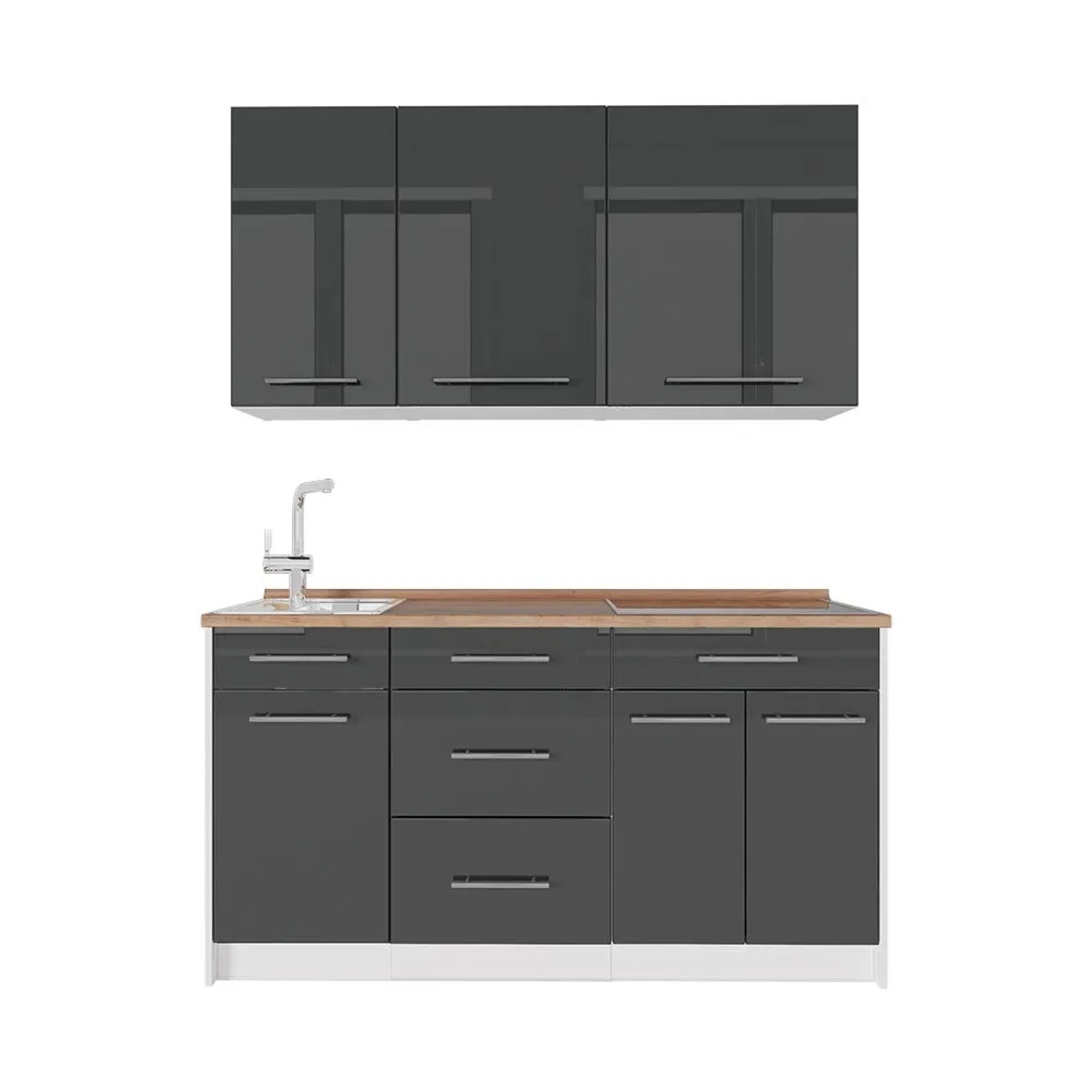 Vicco Singleküche Fame-Line Anthrazit Hochglanz/Weiß 150 x 82 AP Eiche Art Nr 64808
