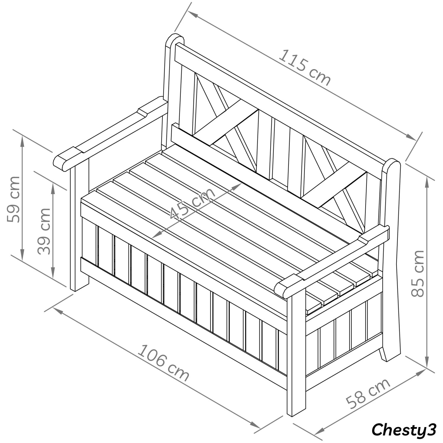 Skizze einer braunen 2-Sitzer Gartenbank aus Holz mit Stauraum und Maßangaben.