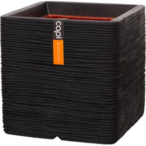 Schwarzer Capi Pflanztopf Nature Rib Quadrat, 30x30x30 cm, mit Riffelstruktur.