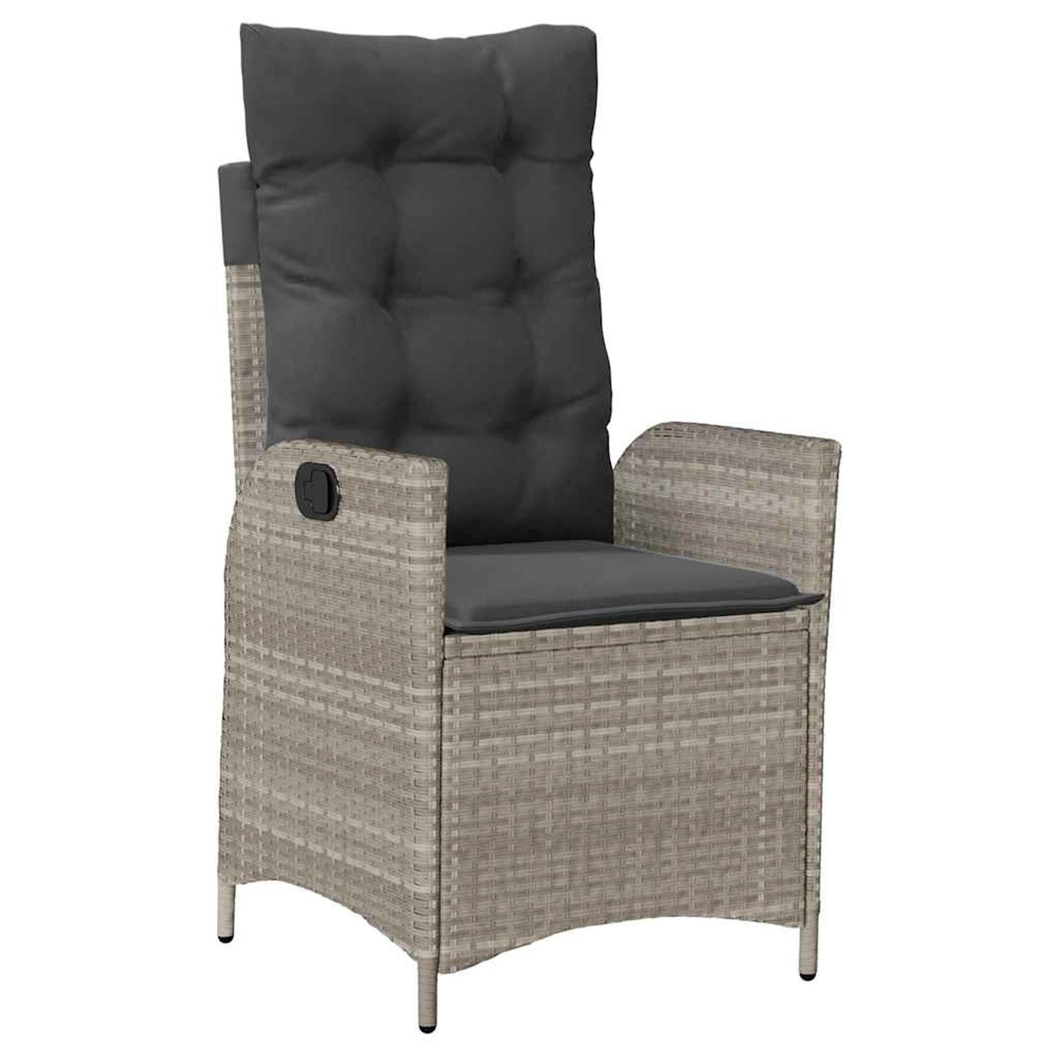 Hellgrauer vidaXL Gartenstuhl aus Polyrattan mit dunklen Kissen. Teil einer 3-tlg. Garten Essgruppe.