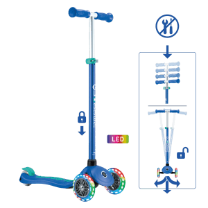 Globber Primo Plus Lights Tretroller Kinder 120/80 mm ABEC 9 3-Rädrig Höhenverstellbar LED-Leuchtrollen Blau