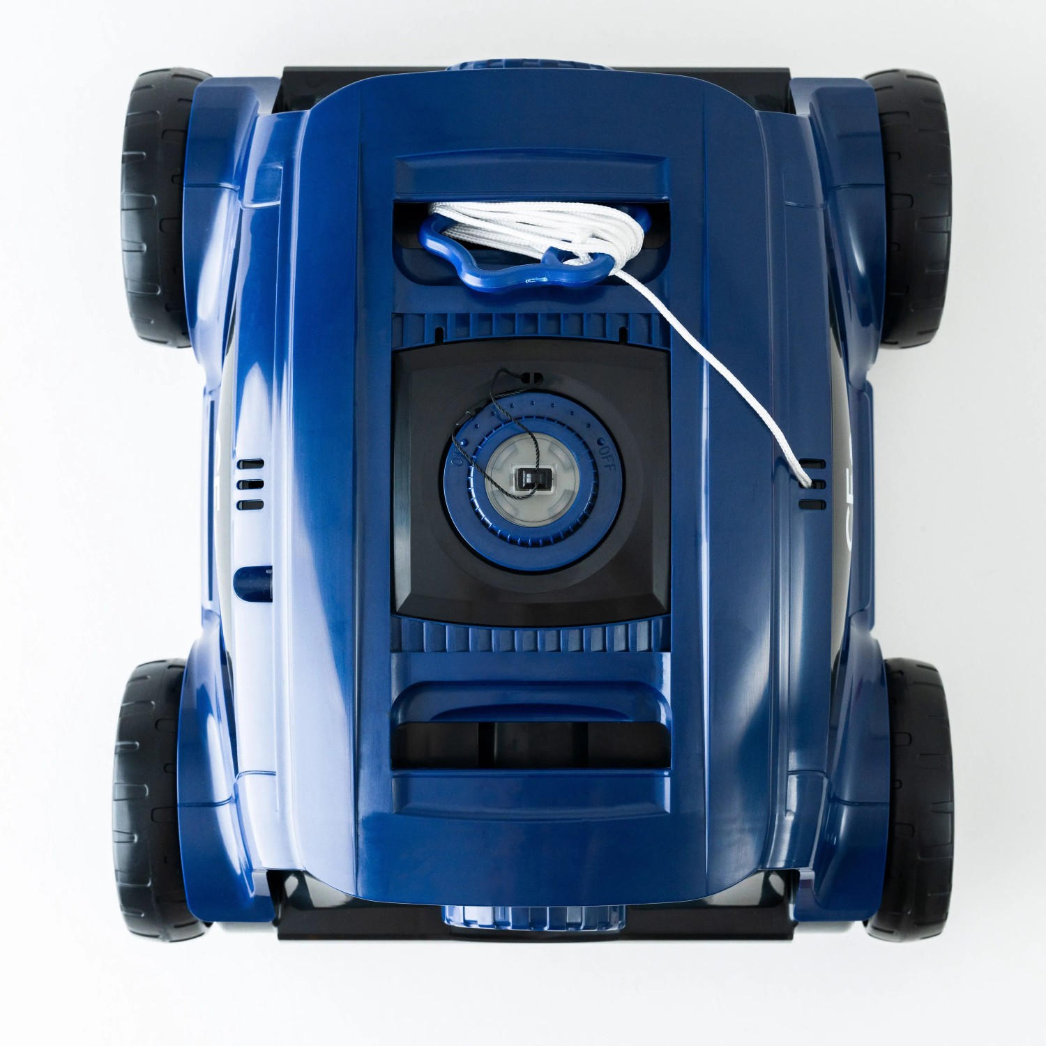 Blau-schwarzer CF Poolroboter CF100CL mit Akku, Ansicht von oben.