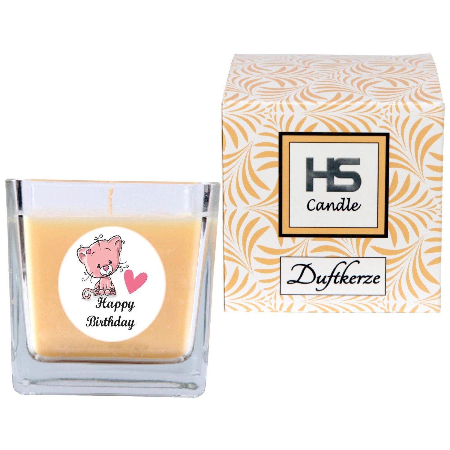 HS Candle Duftkerze Happy Birthday im Glas mit Katzenmotiv und Vanilleduft.